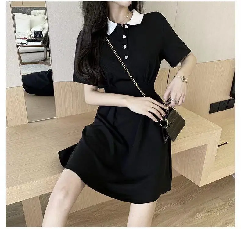 Short Sleeve Dress Women Ins Empire Simple Black Basic Summer Trendy Preppy Girls Clothing Leisure A-line Mujer Vestido Retro macys dresses