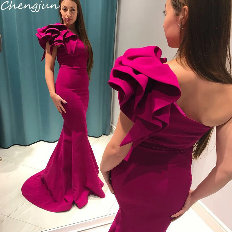 

Chengjun Unique Custom Made Fuchsia Mermaid Style One Shoulder Evening Dresses