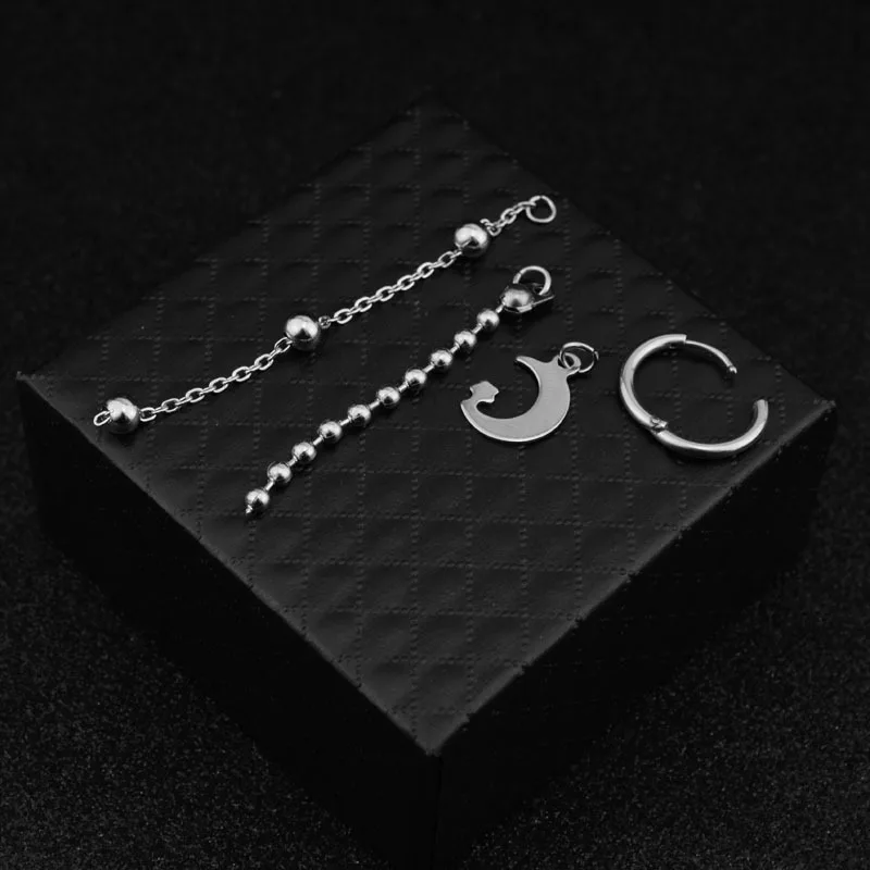 Idol Korean Boys Stainless Steel Punk Stud Earrings Moon Star Long Chain Pendant Women Men Rock Hip Hop Hipster Grunge Ear Clip stud earrings chain ear clips pendant earrings long earrings