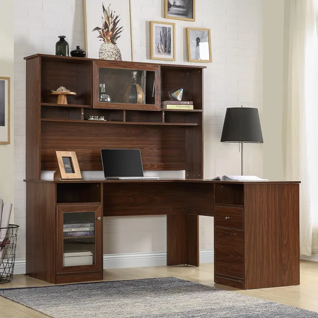 Home Office L-Shaped Desk With Hutch And Glass Doors 2