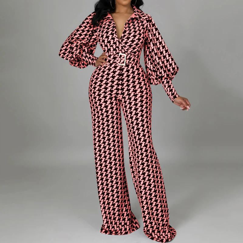 Женский клетчатый комбинезон с поясом длинным рукавом и V-образным вырезом |