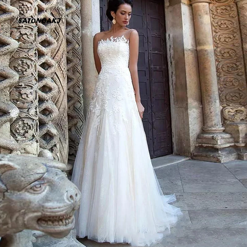 SATONOAKI Simple Elegant Summer Beach Boho Wedding Dresses 2019 Sheer Neck A Line Tulle Bridal Gowns Lace Button Covered Back