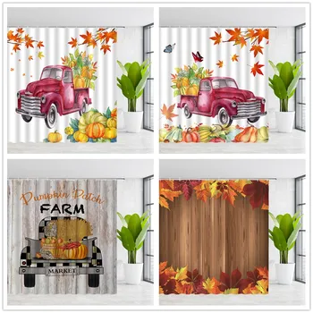 

Fall Thanksgiving Shower Curtains Pumpkin Truck Farm Reward Autumn Scenery Bathroom Decor Polyester Cloth Curtain Set With Hooks