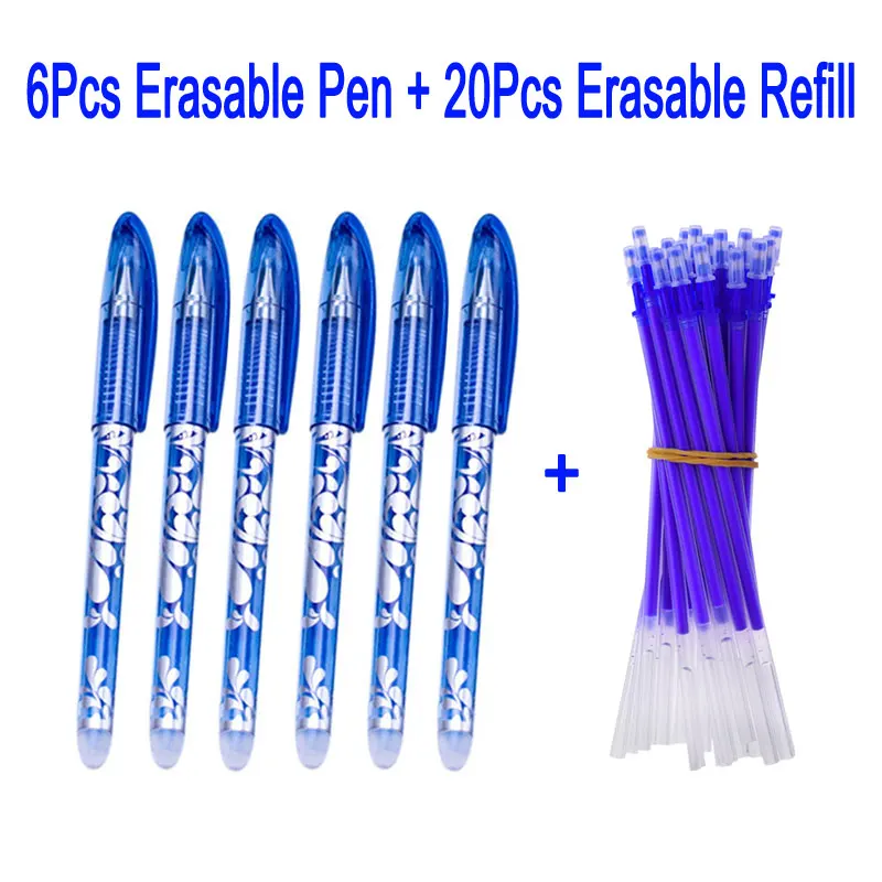 DELVTCH 0.5mm 6+20Pcs/Set Erasable Pen Refill Gel Rod Blue Black Ink School Stationery Office Writing Tool | Канцтовары для офиса