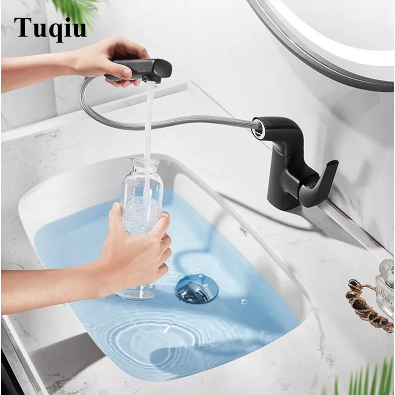 Vidric New Arrival Black Bathroom Pull Out Basin Faucet Brass rotation Faucet Sink Mixer Tap Hot and Cold Basin Lavatory Faucet