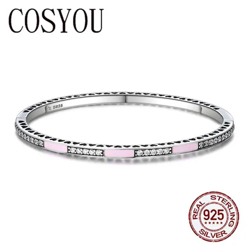 

COSYOU Genuine 925 Sterling Silver 3 Color Radiant Hearts, Light Pink Enamel & Clear CZ Bangle & Bracelet Luxury Jewelry SCB017