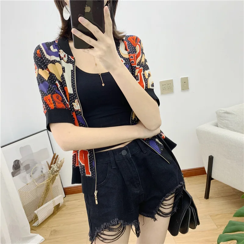 

Spring And Summer New Style WOMEN'S Dress Western Style Real Silk Printed Zipper Air Conditioner Cardigan Coat