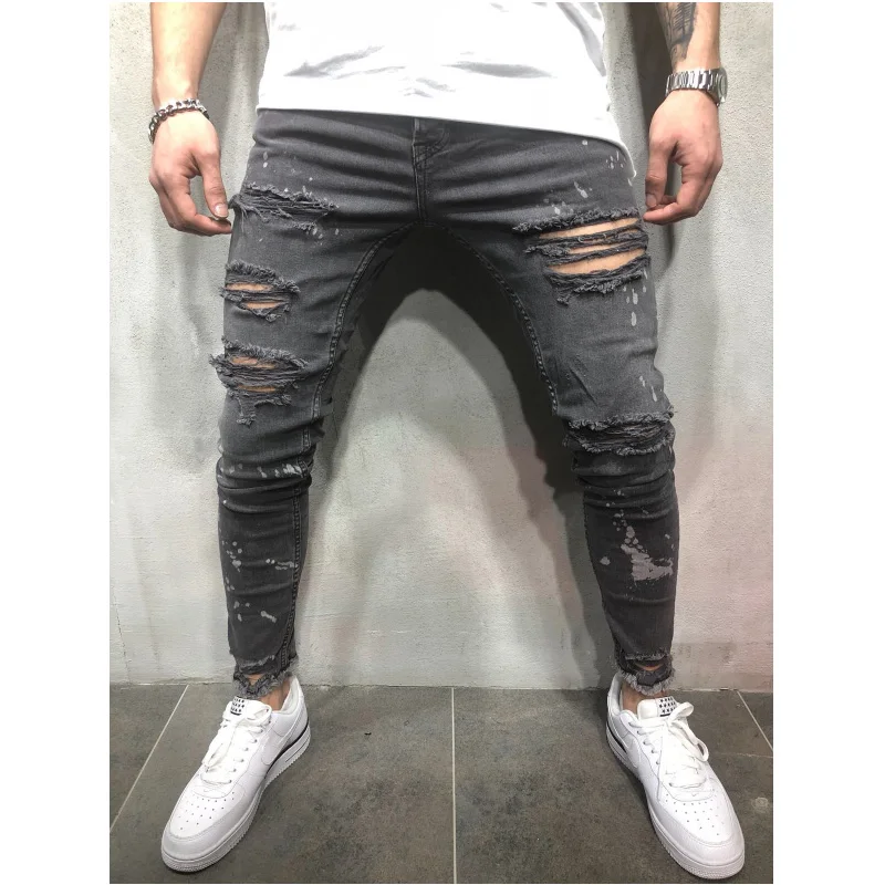 

CYXZFTROFL 2019 Men's Hole Slim Fit Jeans Scratch High Quality Trends Jeans Elastic Cutout Tight Rider Pleated Printed Jeans