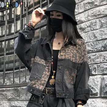 

Vintage Black Leopard Women Denim Jacket Spring Harajuku Punk Jean Jackets Coat Boyfriend Loose Pocket Fashion Streetwear