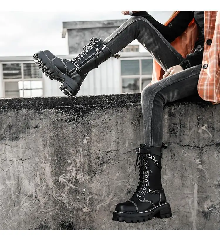 Apanzu New Sexy Lacing Women Leather Autumn Boots Block Heel Gothic Black Punk Style Platform Shoes Female Footwear High Quality