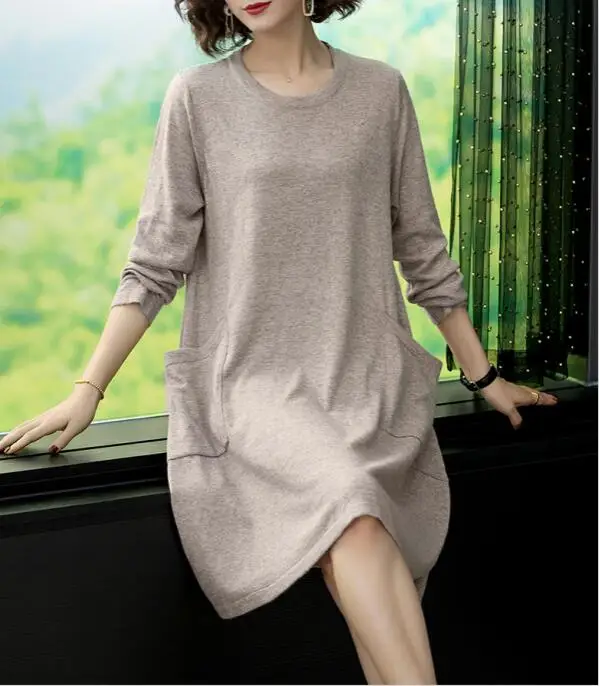 Новое поступление кашемировое платье осень зима свободная повседневная женская одежда длинный свитер пуловер вязаное шерстяное платье с карманом - Цвет: Хаки