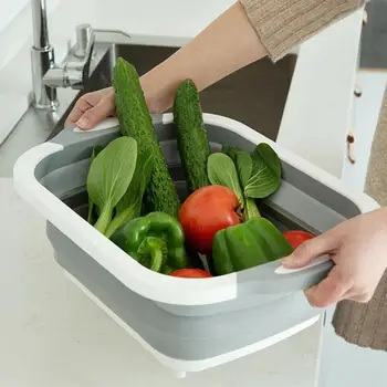 

4 IN 1 Collapsible Cutting Board Storage Basket Dish Tub with Draining Plug Colander Fruits Vegetables Sink Wash Drainer Kitchen