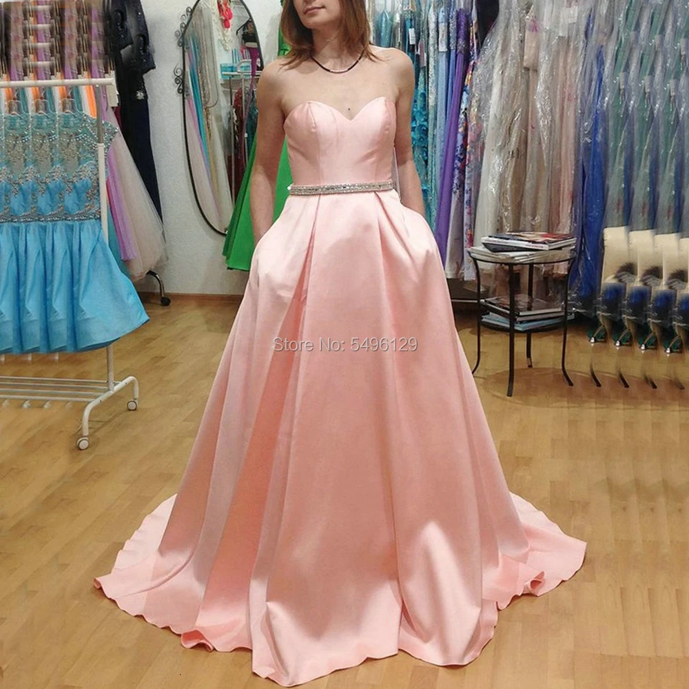 

Fashionable Pink Prom Dresses Sweetheart Satin with Pockets Beaded Sashes A Line Prom Gown Women Formal Party Evening Dress