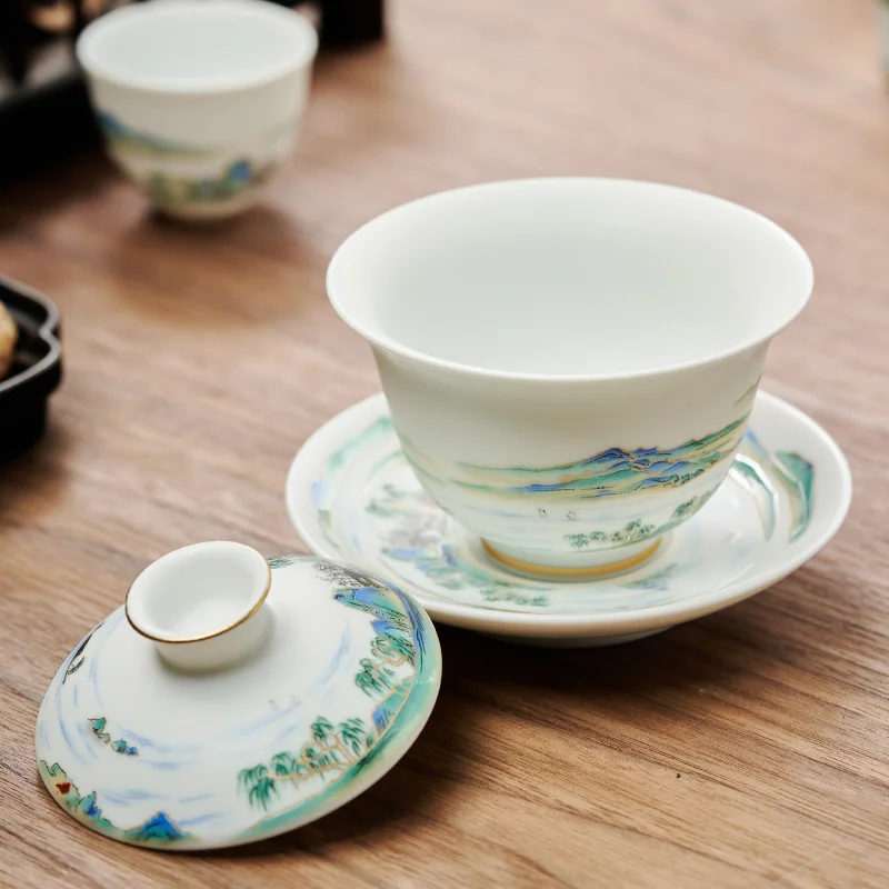 180ml Jingdezhen Landscape Ceramic Gaiwan Cup Hand-painted Tea Tureen Chinese Retro Tea Set Accessories Ceremony Drinkware