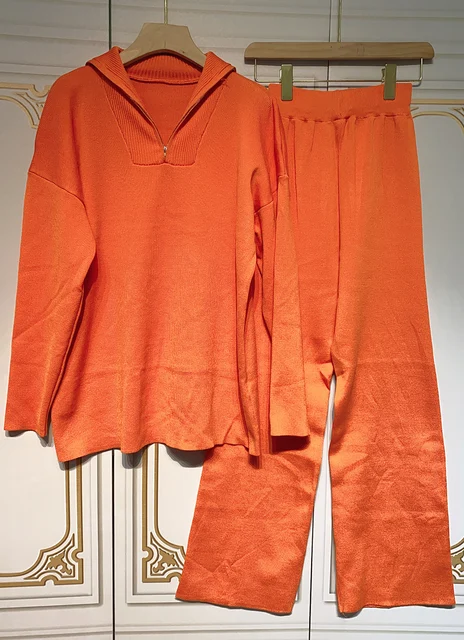Free Shipping Casual Autumn Loose Knit Sweater Set Fashion Zip Lapel Long Sleeve Pullover Sweater & Straight Pants Two-piece Set Orange