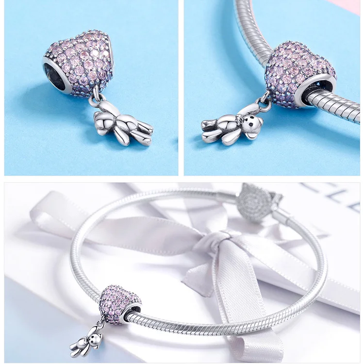 CodeMonkey 925 Sterling Silver Heart Charm Bear Beads Fit Original Design Bracelets DIY Pendant Charm Jewelry Making C1054