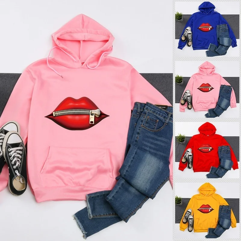 

Dreamlikelin Women Fleece Sweatshirt Red Lip Zipper Print Streetwear Oversized Hoodies for Women Fashion Female Autumn Pullover