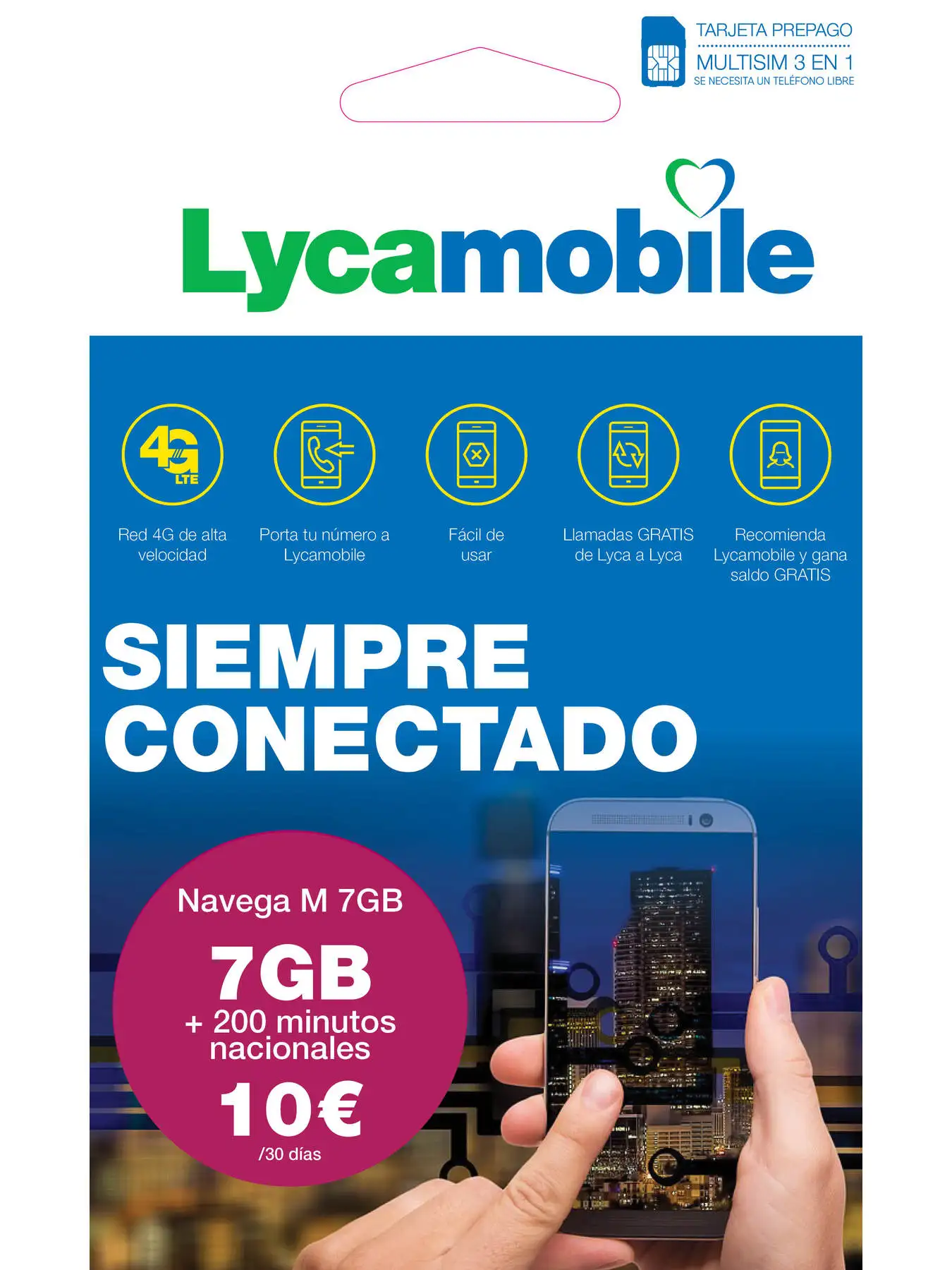 Lycamobile Tarjeta Prepaid Multi Simnational Plan Sail M, Includes 7