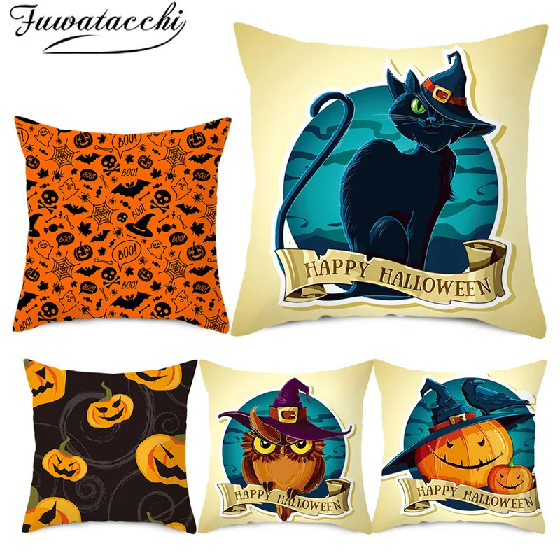 

Fuwatacchi Happy Halloween Cushion Cover Pumpkin Printed Pillows Cover Throw Pillowcase for Home Sofa Decorative Pillows 45*45