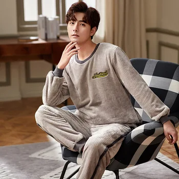 

New Coral Velvet Men's Long-Sleeved Autumn And Winter Plus Velvet Thickening Casual Comfortable Large Size Home Service