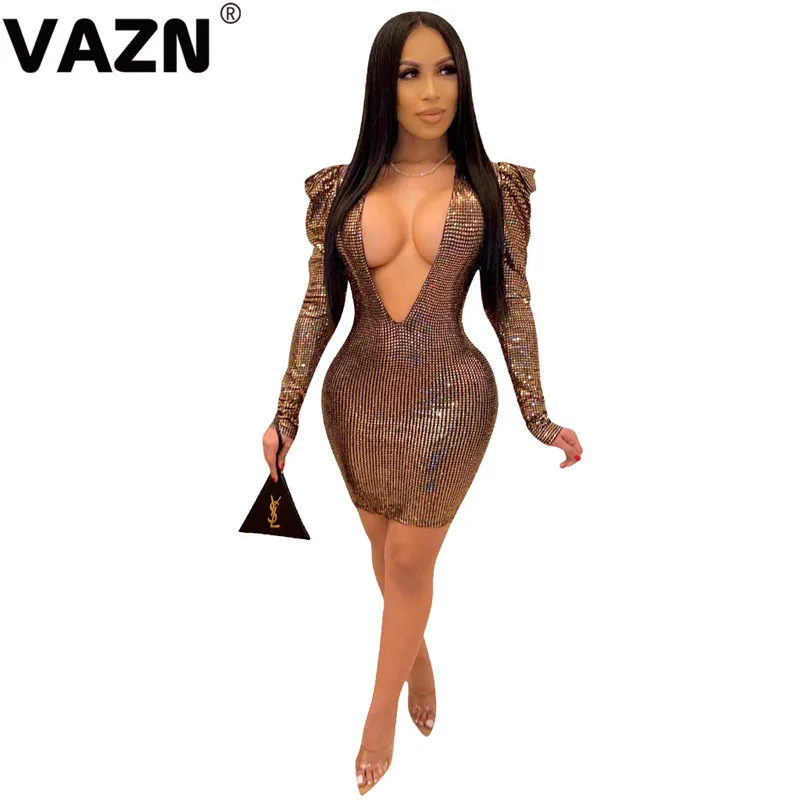 VAZN, новинка, необычное, необычное, сексуальное, вечерние, модное, глубокий v-образный вырез, длинный рукав, тонкая высокая талия, женское мини платье