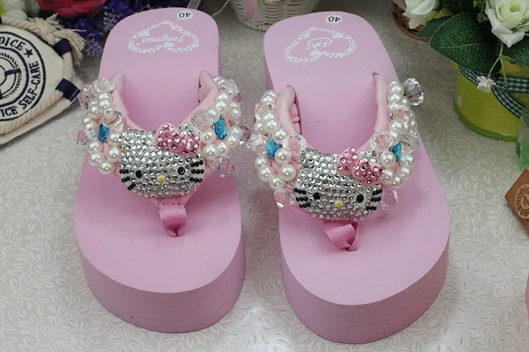 Leisure Shoes Online Lady Sewing Pearl Womens Beach Slippers Fashion High Heel Platform Wedge Flip Flops45