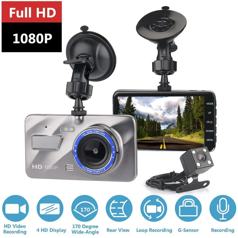 

HD 4 Inch Dual Lens Image 1080P Hidden Wide Angle Driving Recorder Dash Cam Dual Lens Car DVR Camera Reversing Support