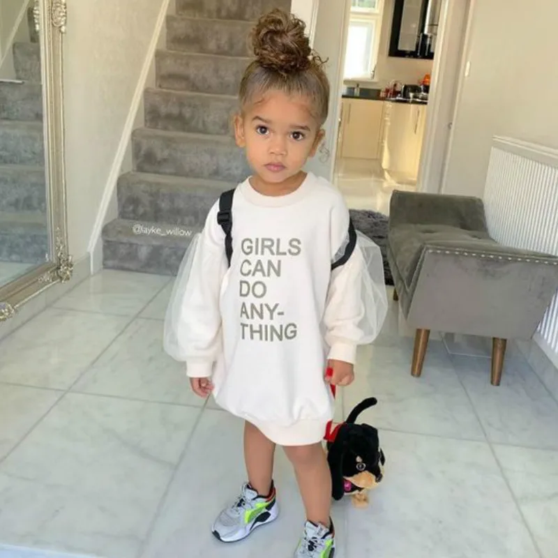 Платье-свитшот с длинными рукавами и надписью для девочек осенне-зимний пуловер |