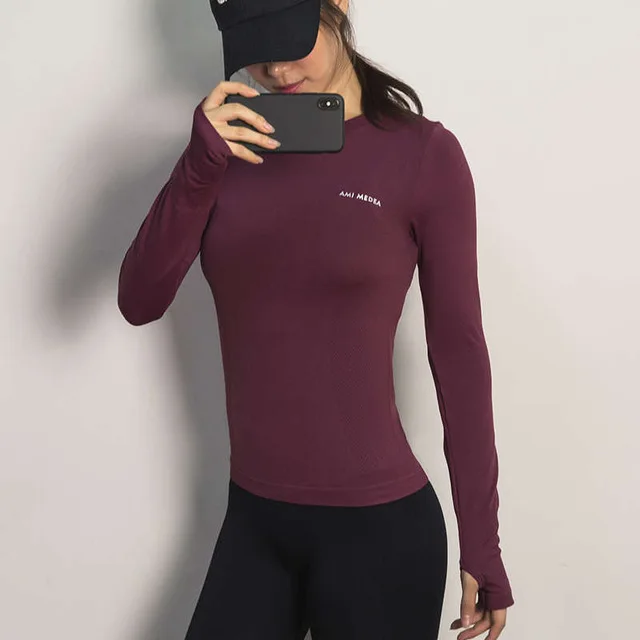 Женские рубашки для йоги с длинным рукавом, спортивные топы, топы для фитнеса, йоги, топ для спортзала, спортивная одежда для женщин, женская футболка для бега - Цвет: Winered