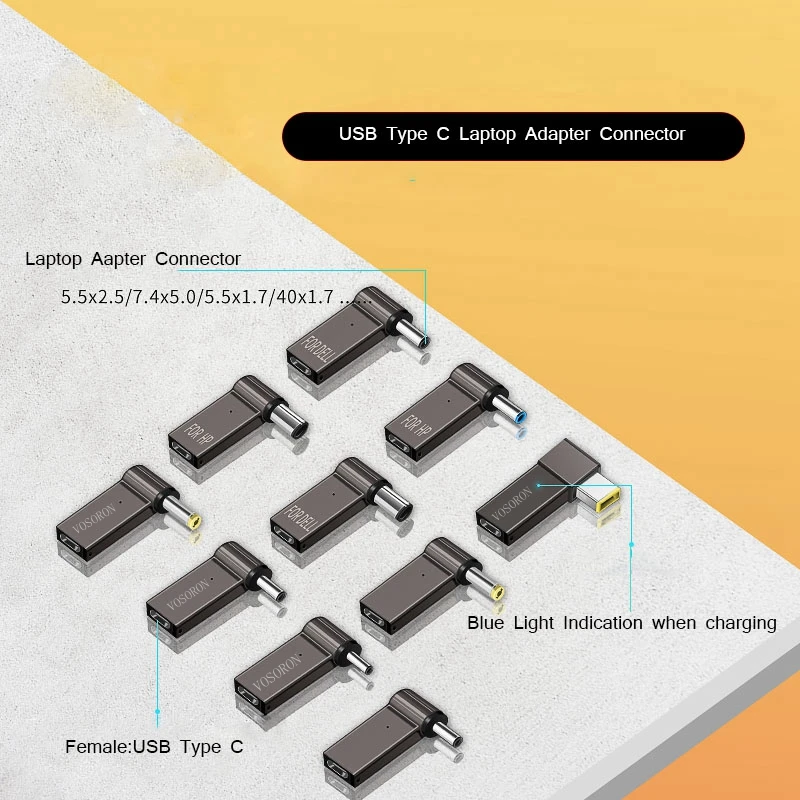 C fêmea para 7,4x5,0mm, 4,5x3,0mm, 5,5x2,5mm, laptop masculino, saída DC, 100W