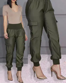 

High Waist Elastic Detail Pants Women Solid Casual Pencil Pants