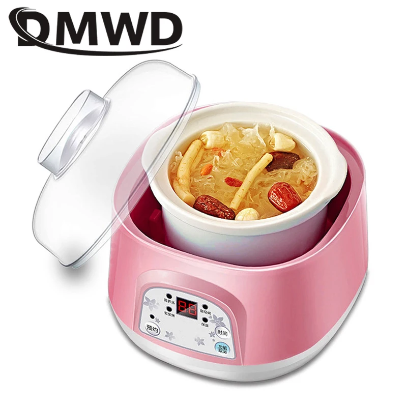 DMWD 1.5L Electric Mini Slow Cooker Stew Soup Porridge Health Pot Time  Control Ceramic Baby Food Cooking Machine Meal Steamer EU