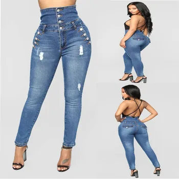 

Women Blue Ripped Jeans Newest High Waist Four-breasted Plus Size Jeans with Buttons Stretch Slim Fit Small Fee High Waist Jeans