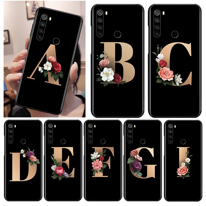 

Floral Alphabet Font Black Cover For Xiaomi Redmi Note 9 9S 8T 8 7 6 5A 5 4X 4 Pro Max Soft Phone Case
