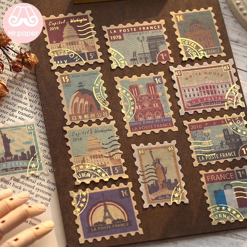 Señor papel, 4 unidades por paquete, estampado en oro, sello Retro Vintage, plantas de viaje, pegatinas creativas, pegatinas de papelería de bala, diario Deco