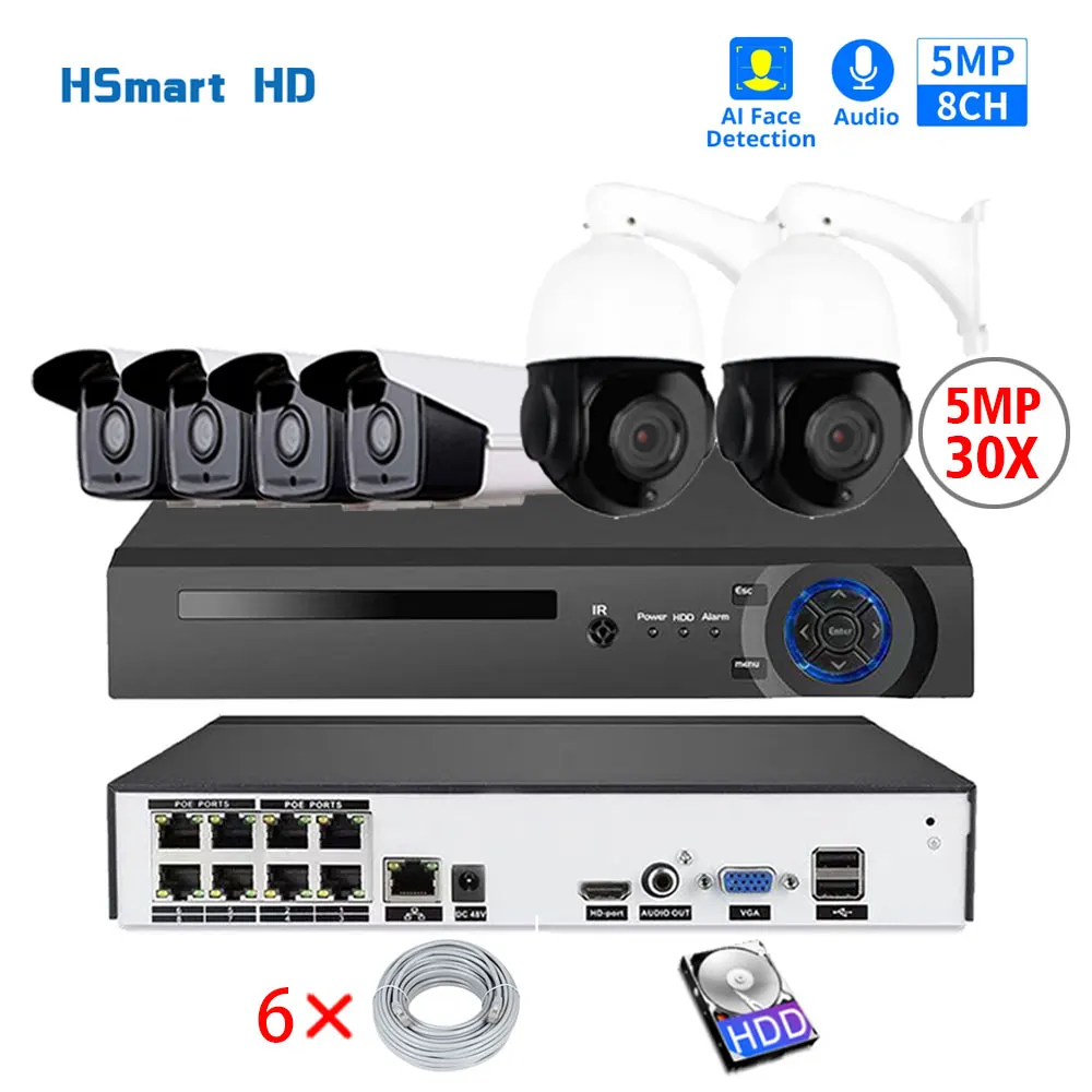 

H.265 8CH POE NVR 5MP POE IP-камера с записью звука CCTV система безопасности с добавлением 5.0MP POE 30X PTZ купольная IP-камера для наружного наблюдения