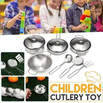 

10pcs Stainless Steel Kids House Kitchen Toys Cooking Cookware Children Pretend Play Kitchen Playset