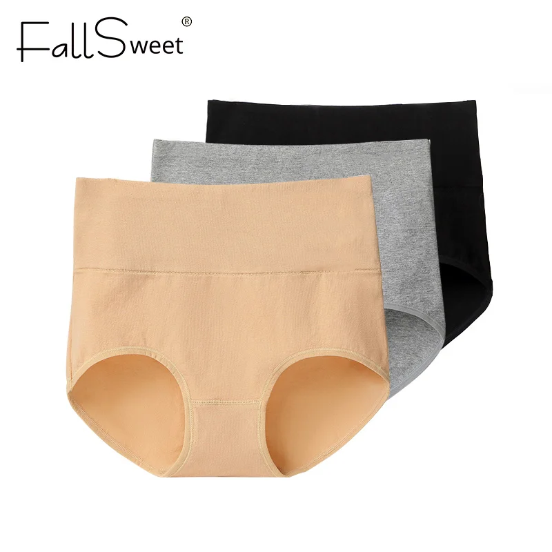 

FallSweet 3 pcs/Pack !Tummy Control Women Panties Plus Size Cotton Underwear High Waist Slimming Solid Briefs