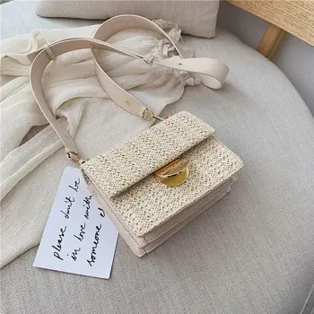

Hand Woven Feminina Square Bag Buckle Rattan Straw Bags Satchel Wind Bohemia Beach Bolsa Messenger Bag Satchel Tote Purse