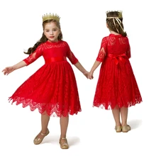 Красное Кружевное платье Детские платья с бантом для девочек, платье свадебное платье из тюля с цветочным рисунком, праздничная одежда для дня рождения осенняя одежда для детей возрастом от 3 до 8 лет