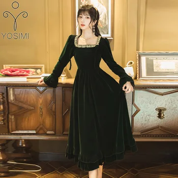 

YOSIMI Vintage Court Velvet Dress 2020 Autumn Winter Lace Square Collar Long Sleeve Mid-calf Long Women Dress Green Party Dress