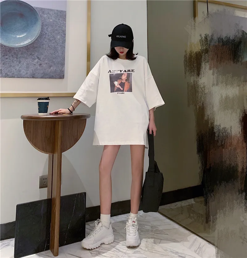  Photo Shoot 2019 New Style Retro Loose-Fit Korean-style Hong Kong Style Crew Neck Versatile Printin