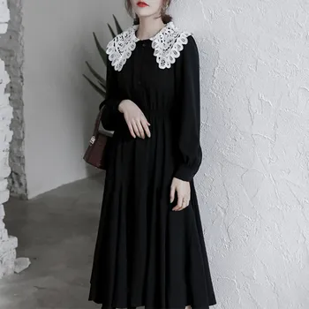 

Large Size Dress Spring and Autumn Hepburn Wind Peter Pan Collar Black Dress