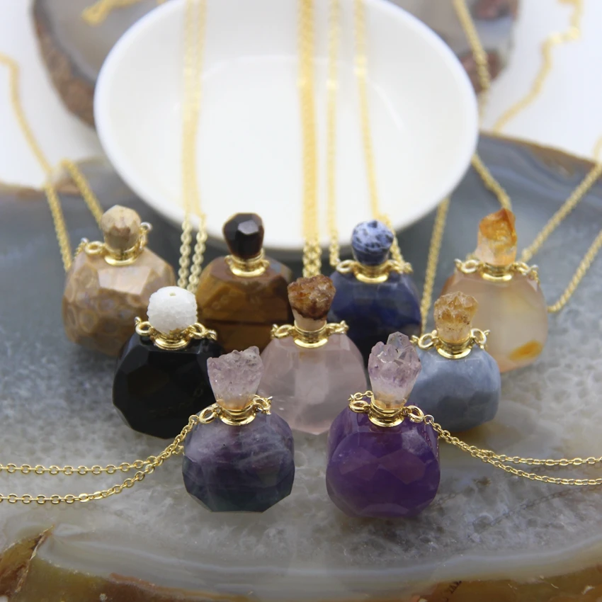 

Natural Quartz Agates/Amethysts/Fluorite Perfume Bottle Pendant,Rose Crystals/Tiger Eye Essential Oil Diffuser Vial Necklace