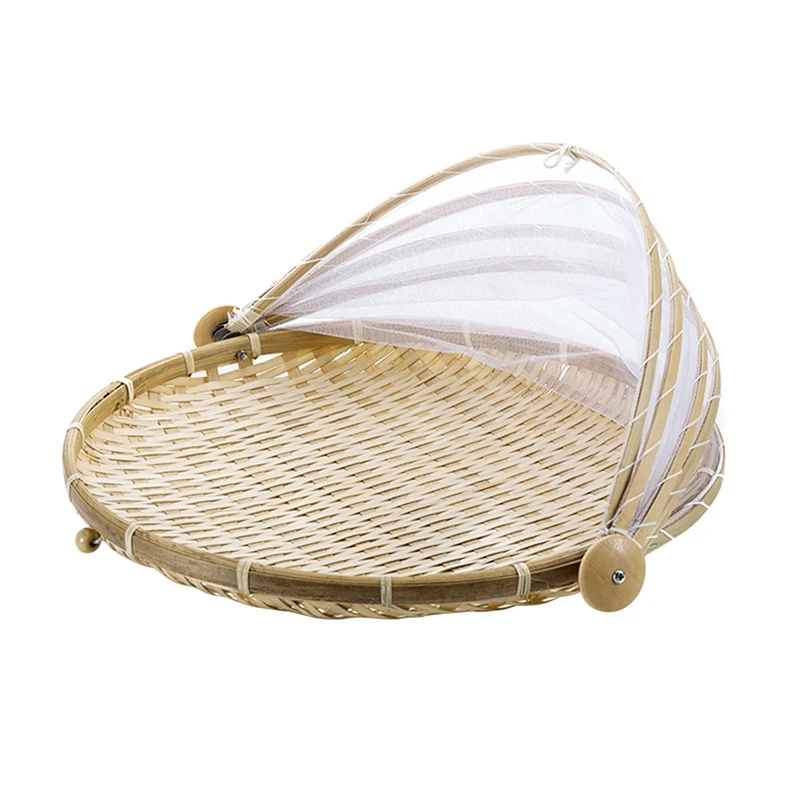 

1Pc Hand Woven Bug Proof Basket Dustproof Picnic Basket Handmade Fruit Vegetable Bread Cover Wicker Basket With Gauze