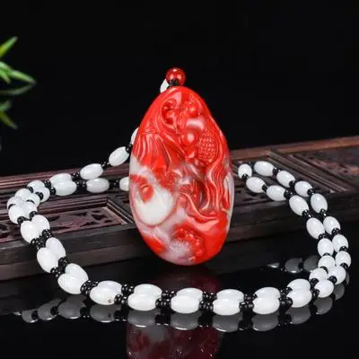 

zheru jewelry natural chicken blood jade two-tone double fish pendant necklace exquisite jewelry best gift