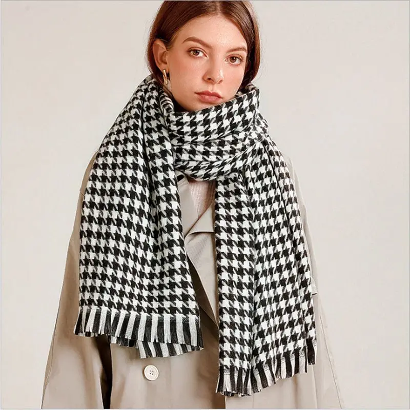 

Women's Scarves Winter Vintage Soft Warm Black White Plaid Houndstooth Scarves Womans Bufandas Invierno Mujer Shawl Wrap Luxury