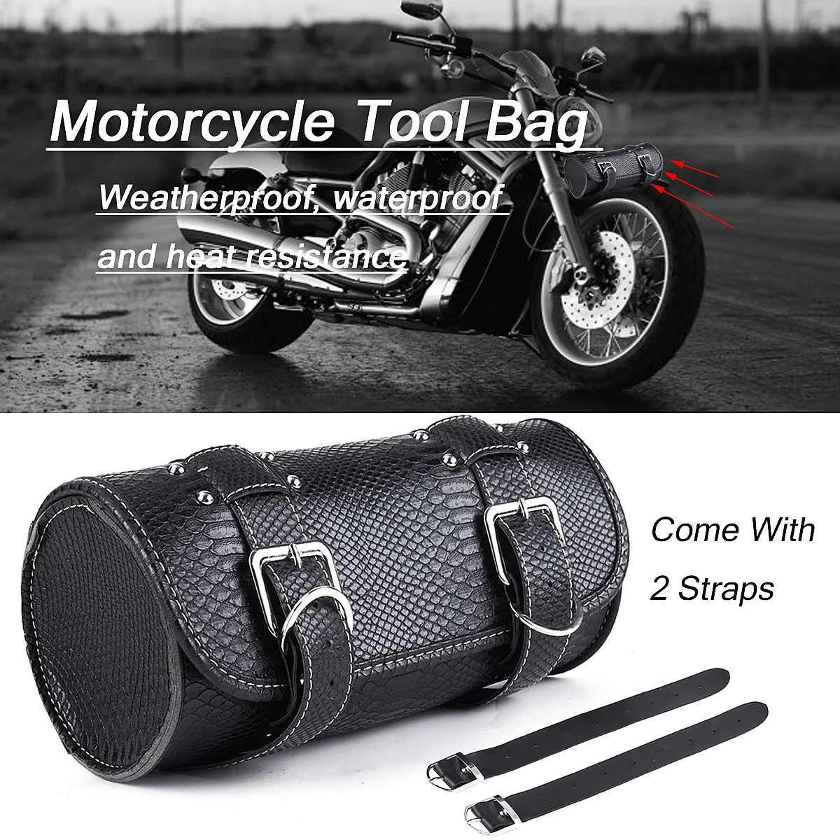 

NEW Black Big Motorcycle Tool Bag Luggage Black Saddlebag Roll Barrel Storage PU Leather Tank Bag Saddle Bag