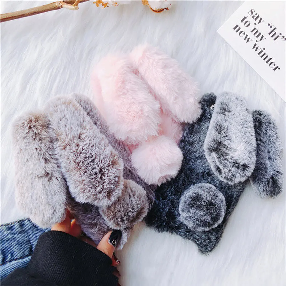 LAPOPNUT Case for Samsung Galaxy J6 Plus 2018 A70 A50 A40 A20 A10 A30 M10 A8 A6 A5 A3 J5 J3 Rabbit Ears Plush Fur Ball Cover |
