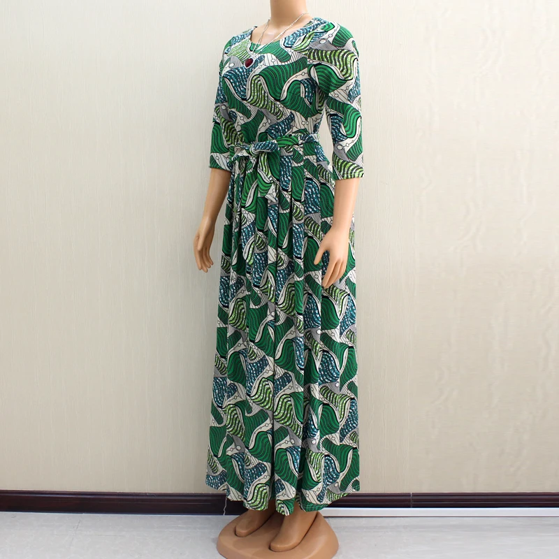 

Green Elastic Waist A Line Ladies Boho Print African Long Dress O-Neck Seven-Quarter Sleeve Sashes Party Dress Women